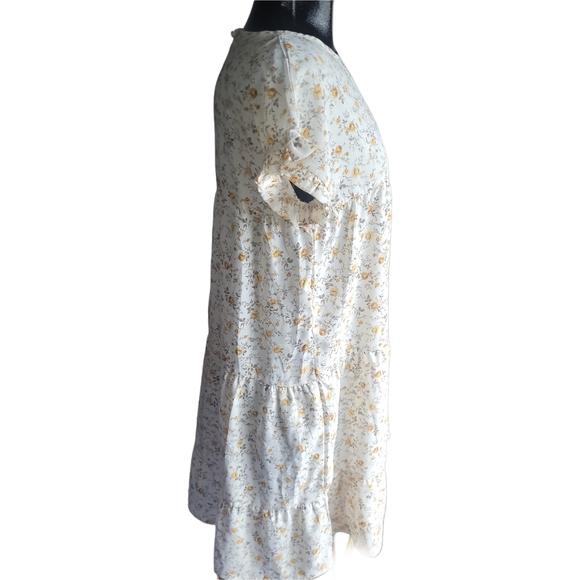 Cream and Yellow Floral Print Ruffled Short Sleeve Dress M - Picture 3 of 5